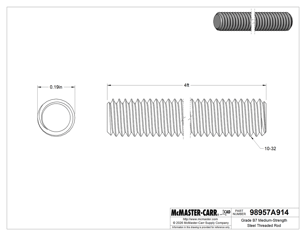 Technical Drawing of Grade B7 Medium-Strength Steel Threaded Rod, 10-32 Thread Size, 4 Feet Long.